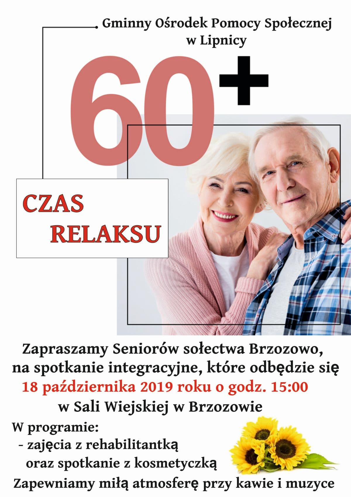 Plakat informujący o spotkaniu integracyjnym dla seniorów, które odbędzie się 18 października 2019 o godzinie 15:00 w Sali Wiejskiej w Brzozowie.